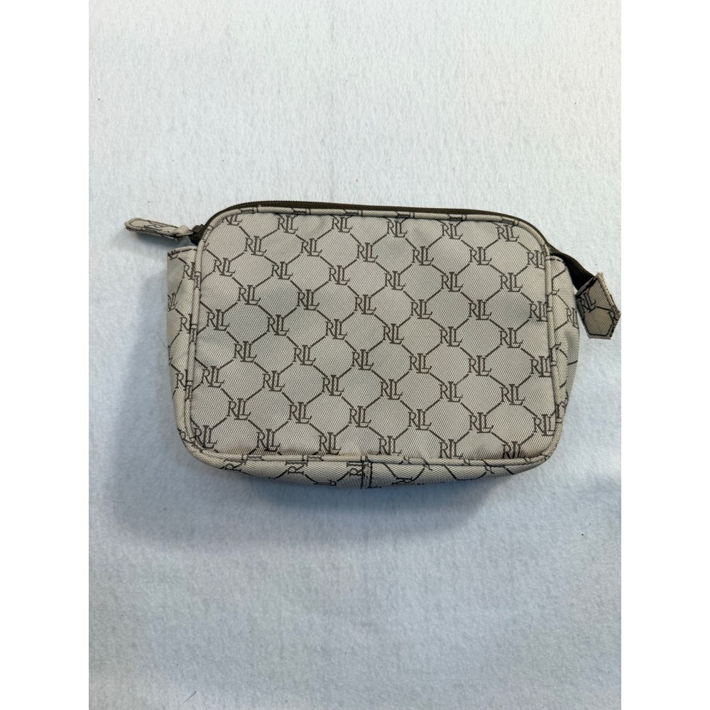Lauren Ralph Lauren Monogram Jacquard Cosmetic Bag Cream Brown Zipper Pouch